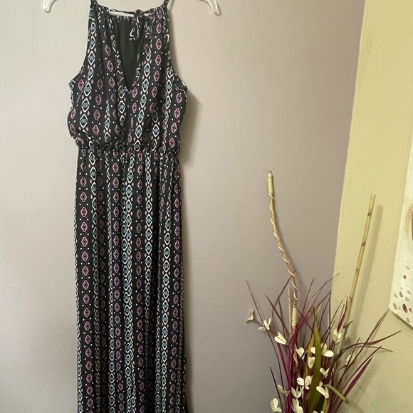 Maxi dress empire elastic waist drawstring tie neck slip-on vertical print sz Sm - Picture 14 of 16